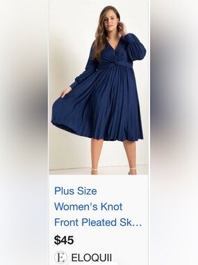 Eloquii Navy Knot-Front Pleated Midi Dress